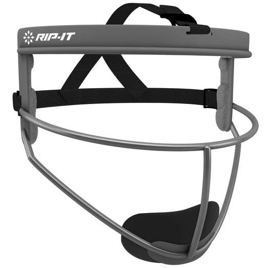 The Rip It Defense Softball Fielder's Mask (RIPDG) by Rip It features a gray and black design, adjustable straps, and foam chin padding to protect the lower face and jaw—essential safety gear for softball players.