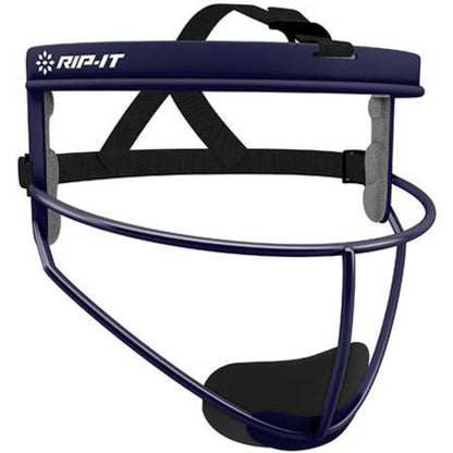 The Rip It Defense Softball Fielder's Mask (RIPDG) by Rip It features a navy blue metal cage, black adjustable straps, and comfortable foam padding—an essential lightweight mask for any softball player.