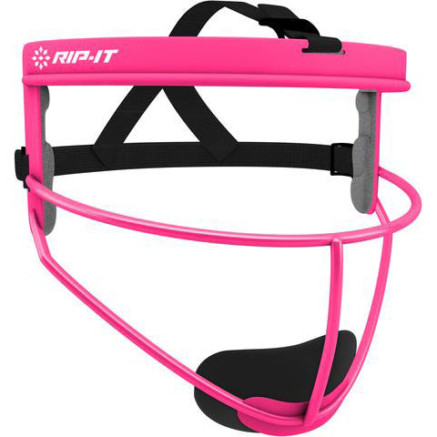 The Rip It Defense Softball Fielder's Mask (RIPDG) is pink with a black adjustable strap, gray side padding, and a black chin pad. The Rip It brand name is printed in white on the top front as part of their protective gear line.