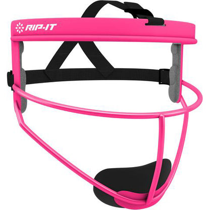 The Rip It Defense Softball Fielder's Mask (RIPDG) is pink with a black adjustable strap, gray side padding, and a black chin pad. The Rip It brand name is printed in white on the top front as part of their protective gear line.