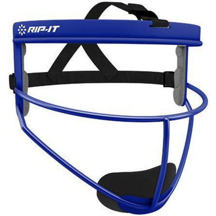 The Rip It Defense Softball Fielder's Mask: RIPDG by Rip It is a blue, lightweight mask featuring black adjustable straps and chin/head foam padding, providing essential protection for softball fielders.
