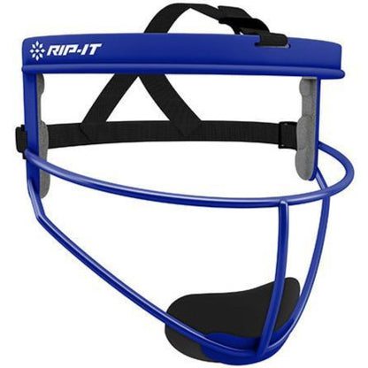 The Rip It Defense Softball Fielder's Mask: RIPDG by Rip It is a blue, lightweight mask featuring black adjustable straps and chin/head foam padding, providing essential protection for softball fielders.