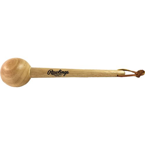 The Rawlings Glove Mallet: GLVMLLT features a round wooden head, smooth handle, and leather strap—perfect for breaking in glove pockets. The Rawlings logo decorates its side.