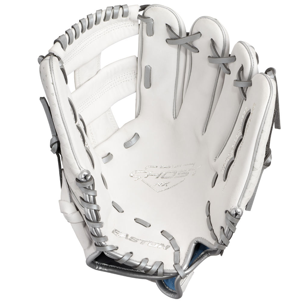 The Easton Ghost NX 11.75" Fastpitch Softball Glove: GNXFP1175 is shown open and facing up, highlighting its interior pocket and webbing. Made from Game Ready Diamond Pro Steer leather, it features embossed Easton branding inside.