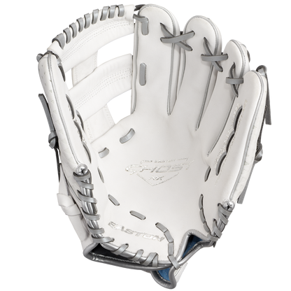 The Easton Ghost NX 11.75" Fastpitch Softball Glove: GNXFP1175 is shown open and facing up, highlighting its interior pocket and webbing. Made from Game Ready Diamond Pro Steer leather, it features embossed Easton branding inside.