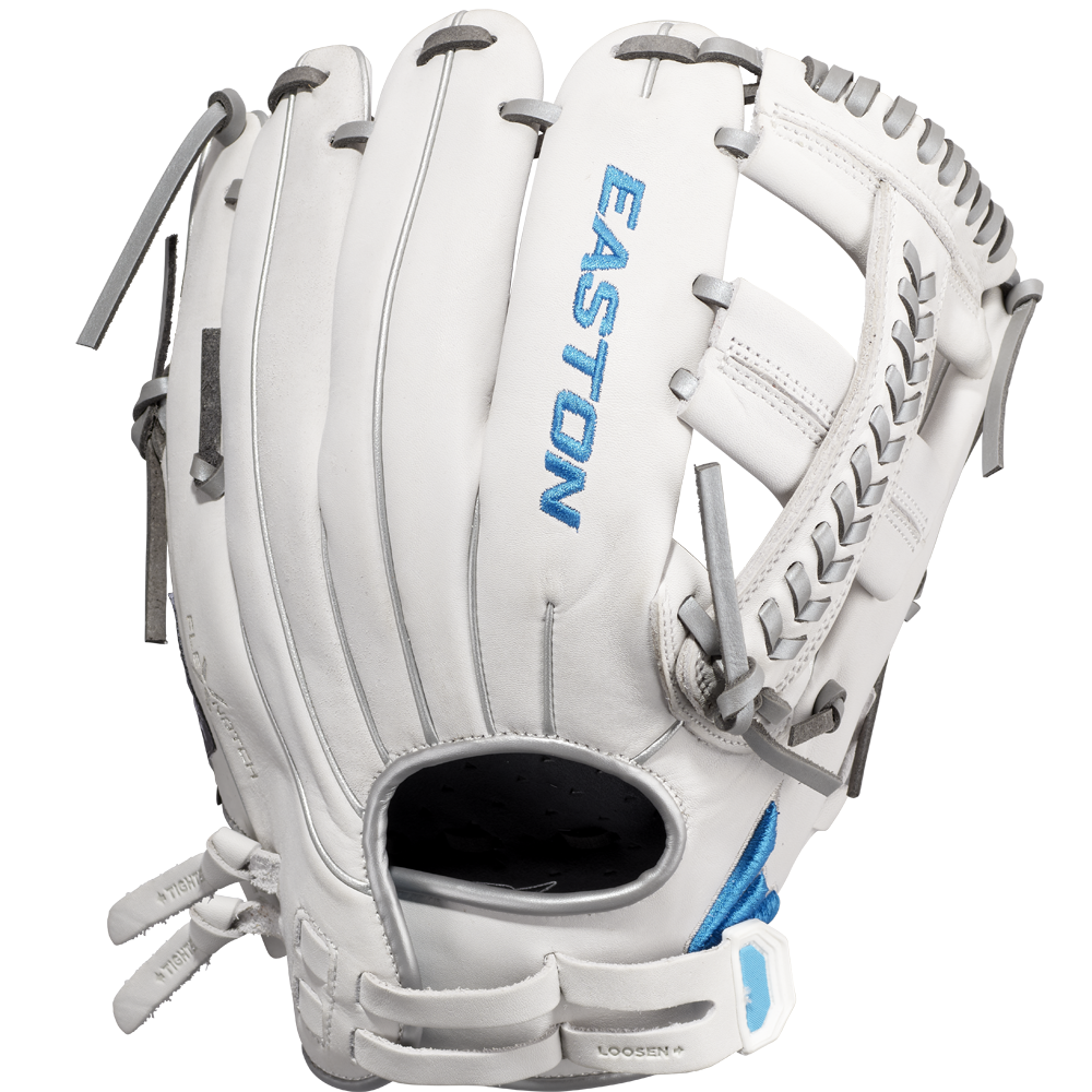 The Easton Ghost NX 11.75" Fastpitch Softball Glove (GNXFP1175) features Game Ready Diamond Pro Steer leather, gray laces, blue stitching, and "EASTON" embroidered in blue—perfect for fastpitch softball players.