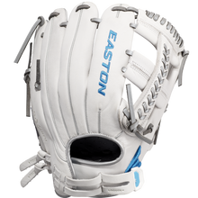 The Easton Ghost NX 11.75" Fastpitch Softball Glove (GNXFP1175) features Game Ready Diamond Pro Steer leather, gray laces, blue stitching, and "EASTON" embroidered in blue—perfect for fastpitch softball players.