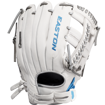 The Easton Ghost NX 11.75" Fastpitch Softball Glove (GNXFP1175) features Game Ready Diamond Pro Steer leather, gray laces, blue stitching, and "EASTON" embroidered in blue—perfect for fastpitch softball players.