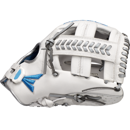 The Easton Ghost NX 11.75" Fastpitch Softball Glove (GNXFP1175) features Game Ready Diamond Pro Steer leather, white color, gray laces, silver accents, and a blue Easton logo, shown on a plain white background.