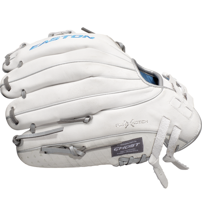 The Easton Ghost NX 11.75" Fastpitch Softball Glove (GNXFP1175) is white with blue accents, visible stitching, and FLEX NOTCH and GHOST labels. Made with Game Ready Diamond Pro Steer leather, it's shown against a plain white background.