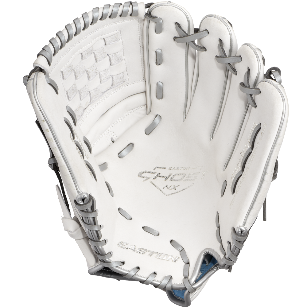 A top view of the Easton Ghost NX 12" Fastpitch Softball Glove with gray lacing highlights its open pocket and webbing. The Easton branding appears on the palm, and it's crafted from Game Ready Diamond Pro Steer leather.
