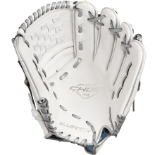 A top view of the Easton Ghost NX 12" Fastpitch Softball Glove with gray lacing highlights its open pocket and webbing. The Easton branding appears on the palm, and it's crafted from Game Ready Diamond Pro Steer leather.