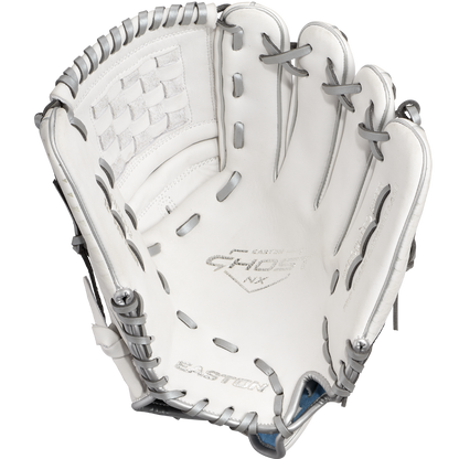 A top view of the Easton Ghost NX 12" Fastpitch Softball Glove with gray lacing highlights its open pocket and webbing. The Easton branding appears on the palm, and it's crafted from Game Ready Diamond Pro Steer leather.