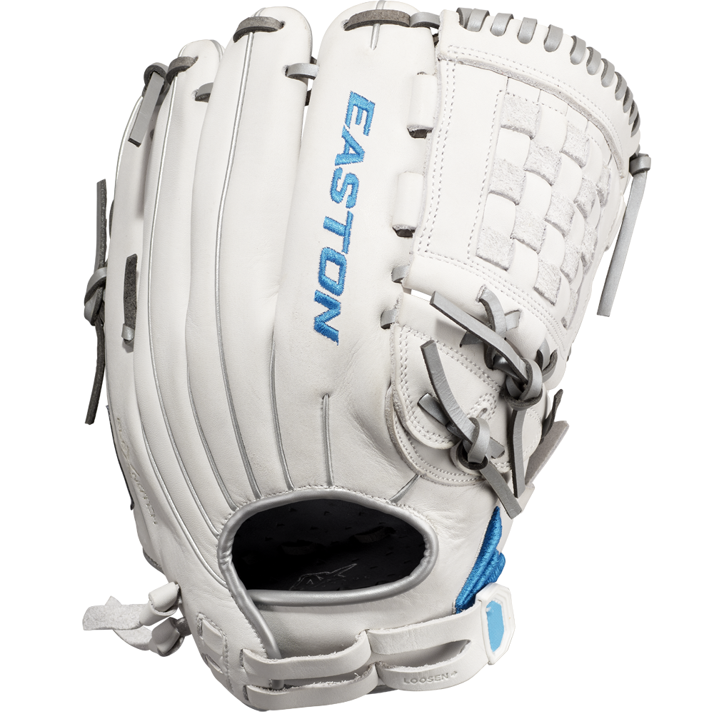 The Easton Ghost NX 12" Fastpitch Softball Glove (GNXFP12) features a white design with gray laces, blue text, woven web, open wrist area, and is crafted from Game Ready Diamond Pro Steer leather—shown on a plain white background.