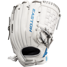 The Easton Ghost NX 12" Fastpitch Softball Glove (GNXFP12) features a white design with gray laces, blue text, woven web, open wrist area, and is crafted from Game Ready Diamond Pro Steer leather—shown on a plain white background.