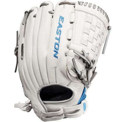 The Easton Ghost NX 12" Fastpitch Softball Glove (GNXFP12) features a white design with gray laces, blue text, woven web, open wrist area, and is crafted from Game Ready Diamond Pro Steer leather—shown on a plain white background.