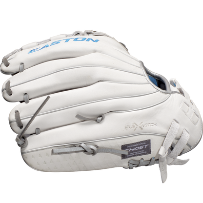 The Easton Ghost NX 12" Fastpitch Softball Glove (GNXFP12) features white leather with gray laces, blue Easton branding, a woven web, and Game Ready Diamond Pro Steer material—ideal for any fastpitch softball collection.