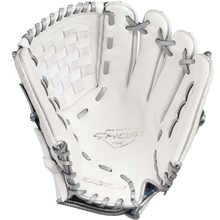 The Easton Ghost NX 12.5" Fastpitch Softball Glove (GNXFP125) is a white glove with grey laces, a woven pocket, and Diamond Pro Steer leather, featuring the Easton logo embossed inside the palm.