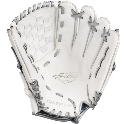 The Easton Ghost NX 12.5" Fastpitch Softball Glove (GNXFP125) is a white glove with grey laces, a woven pocket, and Diamond Pro Steer leather, featuring the Easton logo embossed inside the palm.