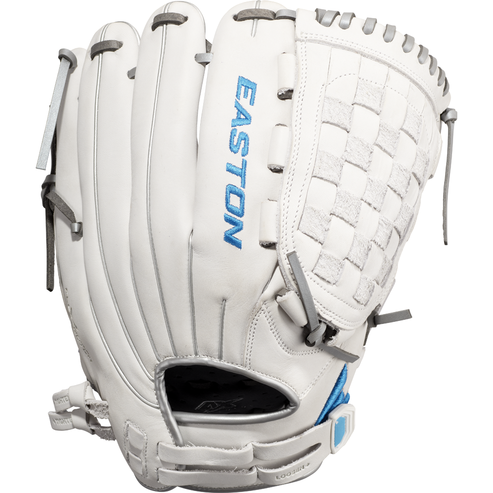 The Easton Ghost NX 12.5" Fastpitch Softball Glove (GNXFP125) features white Diamond Pro Steer leather, gray laces, a woven web, blue EASTON embroidery, and light blue wrist accents for a stylish finish.