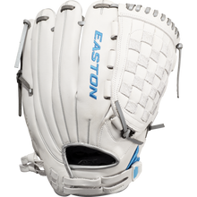 The Easton Ghost NX 12.5" Fastpitch Softball Glove (GNXFP125) features white Diamond Pro Steer leather, gray laces, a woven web, blue EASTON embroidery, and light blue wrist accents for a stylish finish.