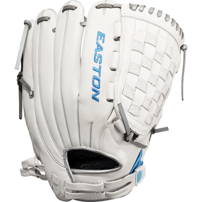 The Easton Ghost NX 12.5" Fastpitch Softball Glove (GNXFP125) features white Diamond Pro Steer leather, gray laces, a woven web, blue EASTON embroidery, and light blue wrist accents for a stylish finish.