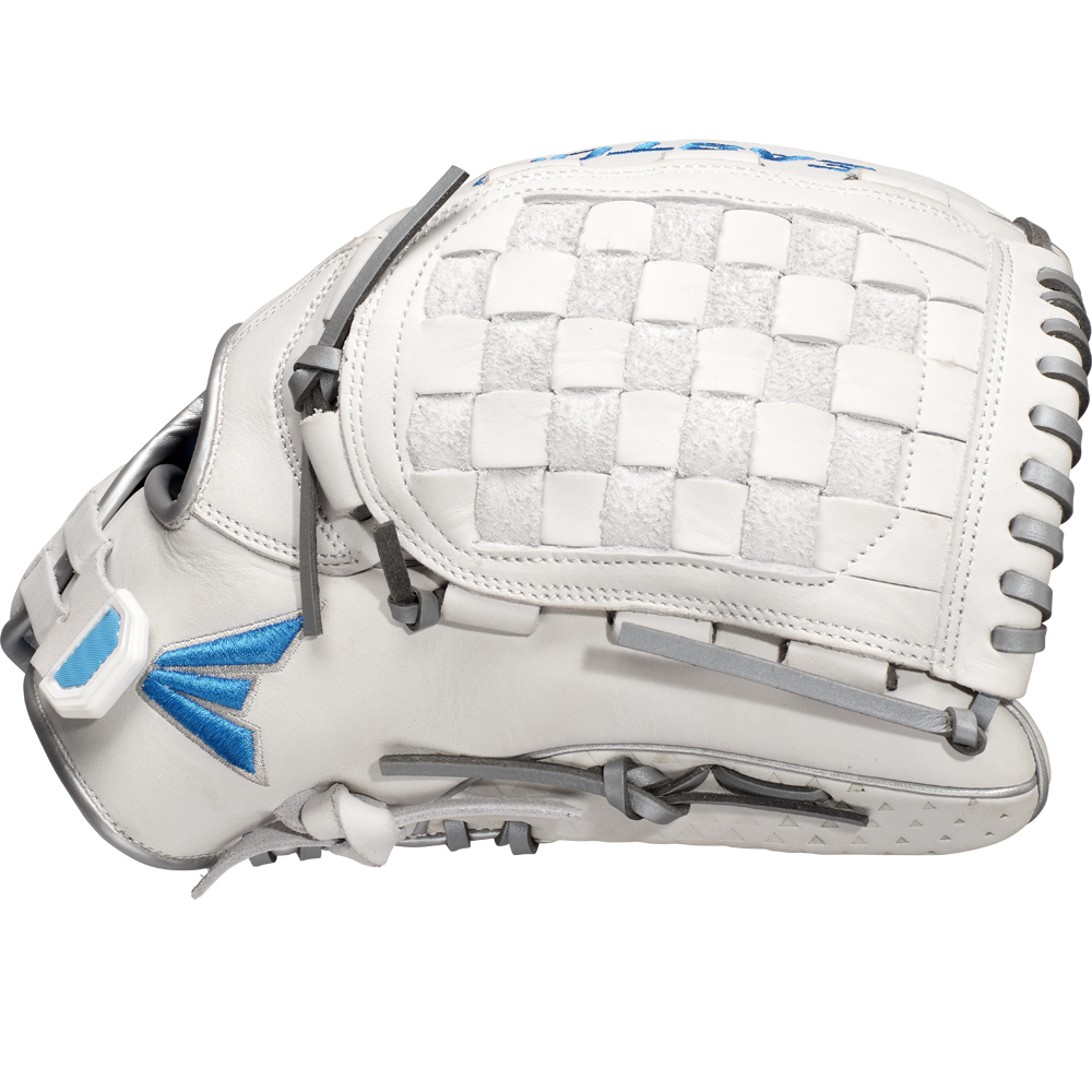 The Easton Ghost NX 12.5" Fastpitch Softball Glove: GNXFP125 features blue and white stitching and is crafted from premium Diamond Pro Steer leather, blending style and elite performance for fastpitch players.