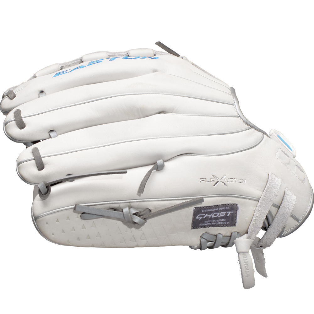 A white Easton Ghost NX 12.5" Fastpitch Softball Glove (GNXFP125) with gray stitching and accents, featuring EASTON and GHOST branding, is shown closed from the side on a plain background.