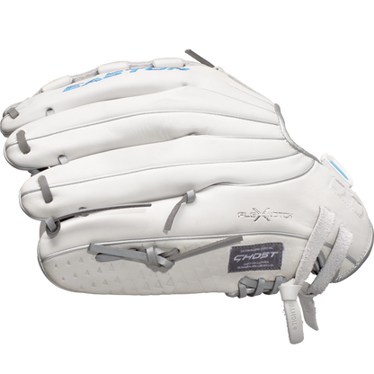 A white Easton Ghost NX 12.5" Fastpitch Softball Glove (GNXFP125) with gray stitching and accents, featuring EASTON and GHOST branding, is shown closed from the side on a plain background.