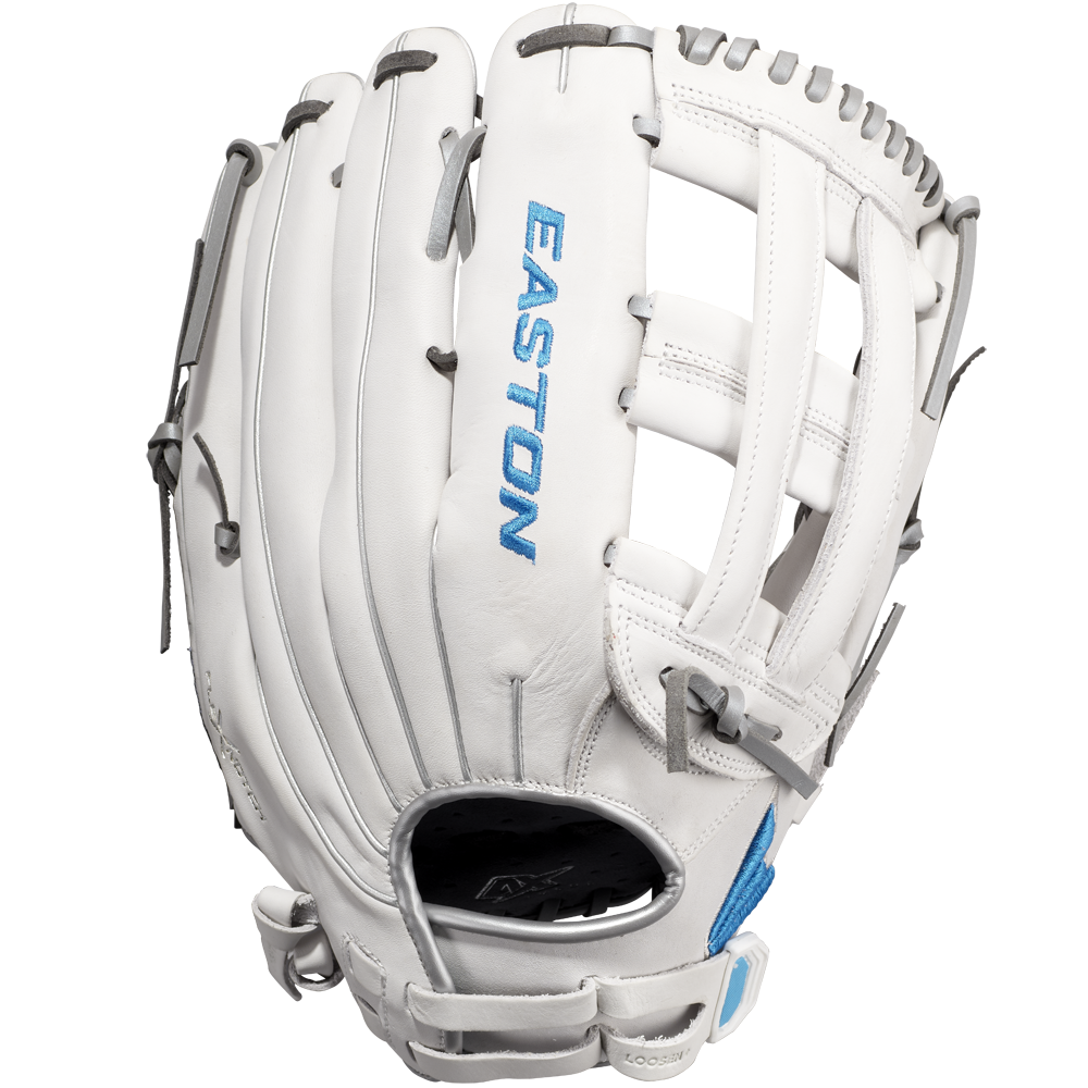 The Easton Ghost NX 12.75" Fastpitch Softball Glove (GNXFP1275) features white Game Ready Diamond Pro Steer leather, gray laces, blue embroidery, and an open web design, shown on a plain white background.