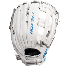 The Easton Ghost NX 12.75" Fastpitch Softball Glove (GNXFP1275) features white Game Ready Diamond Pro Steer leather, gray laces, blue embroidery, and an open web design, shown on a plain white background.