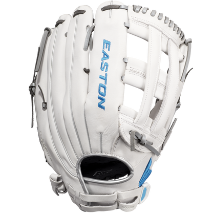 The Easton Ghost NX 12.75" Fastpitch Softball Glove (GNXFP1275) features white Game Ready Diamond Pro Steer leather, gray laces, blue embroidery, and an open web design, shown on a plain white background.