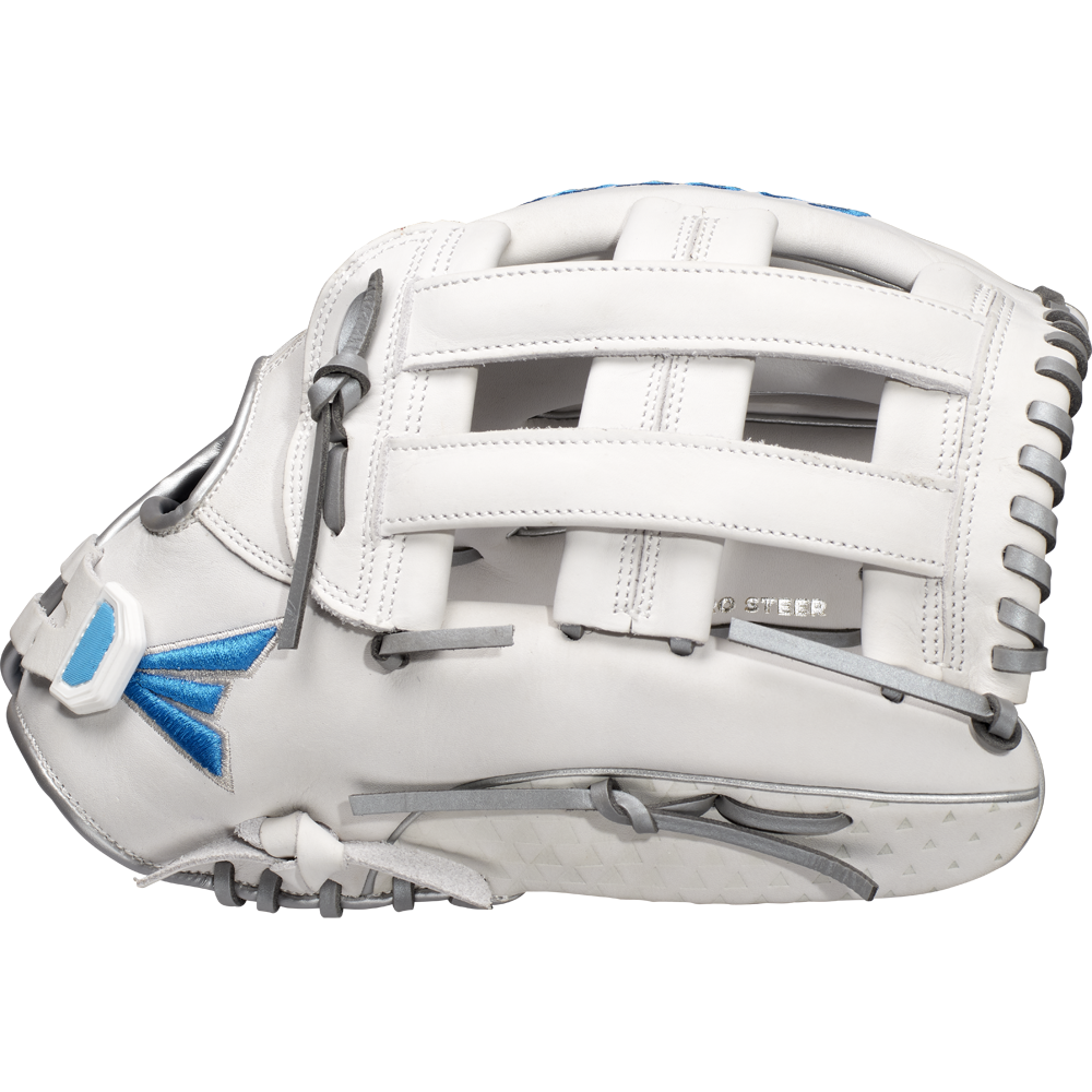 The Easton Ghost NX 12.75" Fastpitch Softball Glove (GNXFP1275) by Easton is shown in white with gray laces and blue accents, featuring a basket web, detailed stitching, and Game Ready Diamond Pro Steer leather.