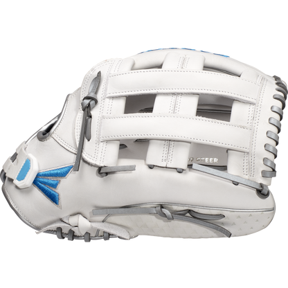 The Easton Ghost NX 12.75" Fastpitch Softball Glove (GNXFP1275) by Easton is shown in white with gray laces and blue accents, featuring a basket web, detailed stitching, and Game Ready Diamond Pro Steer leather.