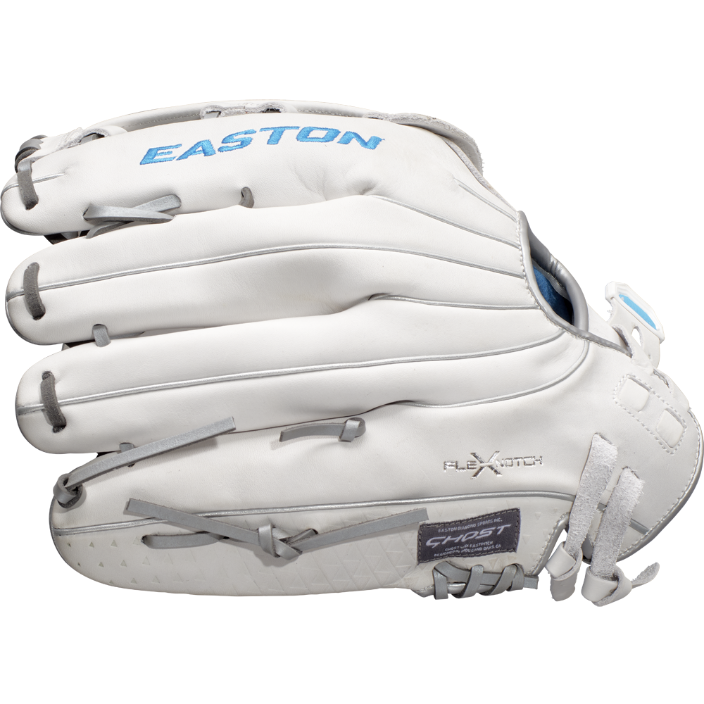 The Easton Ghost NX 12.75" Fastpitch Softball Glove (GNXFP1275) features white Game Ready Diamond Pro Steer leather, gray laces, blue logos, and Flex Notch and Ghost labels, shown on a plain white background.
