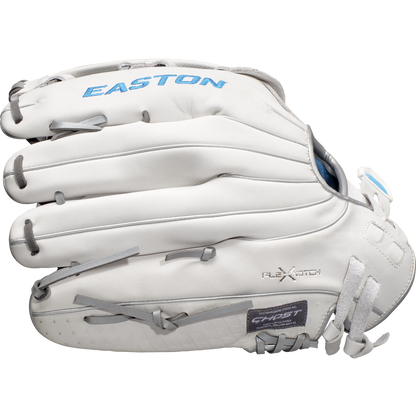 The Easton Ghost NX 12.75" Fastpitch Softball Glove (GNXFP1275) features white Game Ready Diamond Pro Steer leather, gray laces, blue logos, and Flex Notch and Ghost labels, shown on a plain white background.