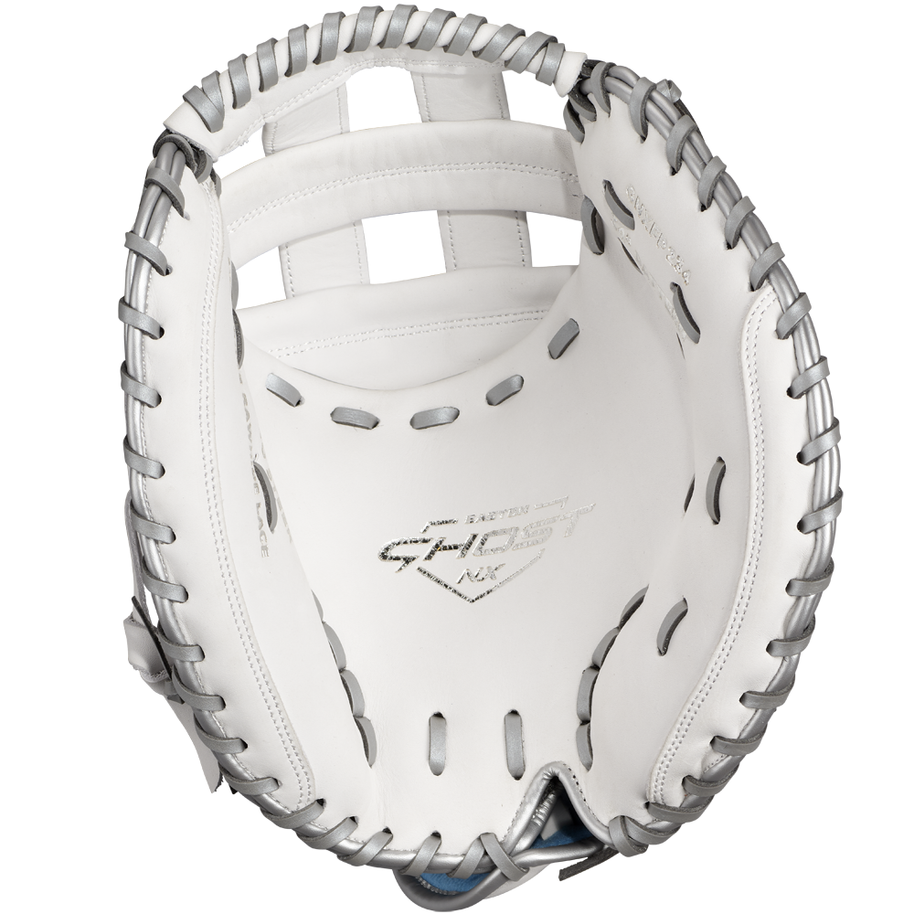The Easton Ghost NX 34" Fastpitch Catcher's Mitt (GNXFP234) features Game Ready Diamond Pro Steer leather, gray lacing, and "Ghost" in the palm—perfect for fastpitch catchers seeking top performance.