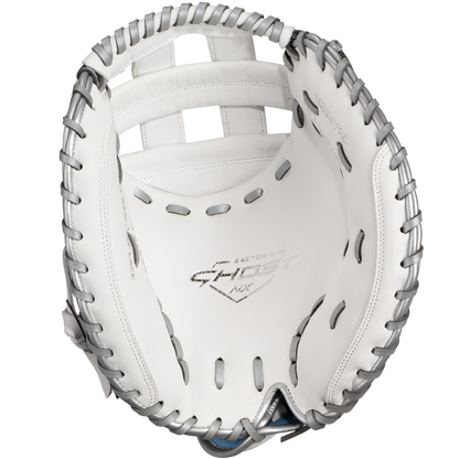 The Easton Ghost NX 34" Fastpitch Catcher's Mitt (GNXFP234) features Game Ready Diamond Pro Steer leather, gray lacing, and "Ghost" in the palm—perfect for fastpitch catchers seeking top performance.