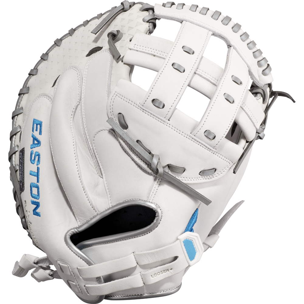 The Easton Ghost NX 34" Fastpitch Catcher's Mitt (GNXFP234) features Game Ready Diamond Pro Steer leather in white with gray stitching, blue EASTON logo on the thumb, and a padded wrist strap.