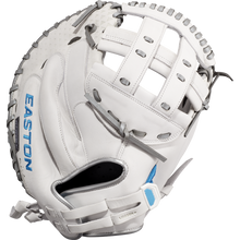 The Easton Ghost NX 34" Fastpitch Catcher's Mitt (GNXFP234) features Game Ready Diamond Pro Steer leather in white with gray stitching, blue EASTON logo on the thumb, and a padded wrist strap.