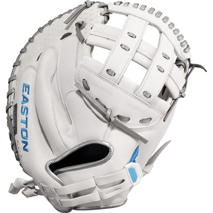 The Easton Ghost NX 34" Fastpitch Catcher's Mitt (GNXFP234) features Game Ready Diamond Pro Steer leather in white with gray stitching, blue EASTON logo on the thumb, and a padded wrist strap.