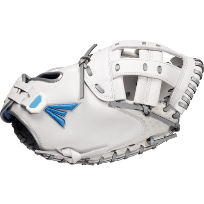 The Easton Ghost NX 34" Fastpitch Catcher's Mitt (GNXFP234), featuring white Game Ready Diamond Pro Steer leather, gray lacing, and blue/gray logos, is shown on a plain white background.