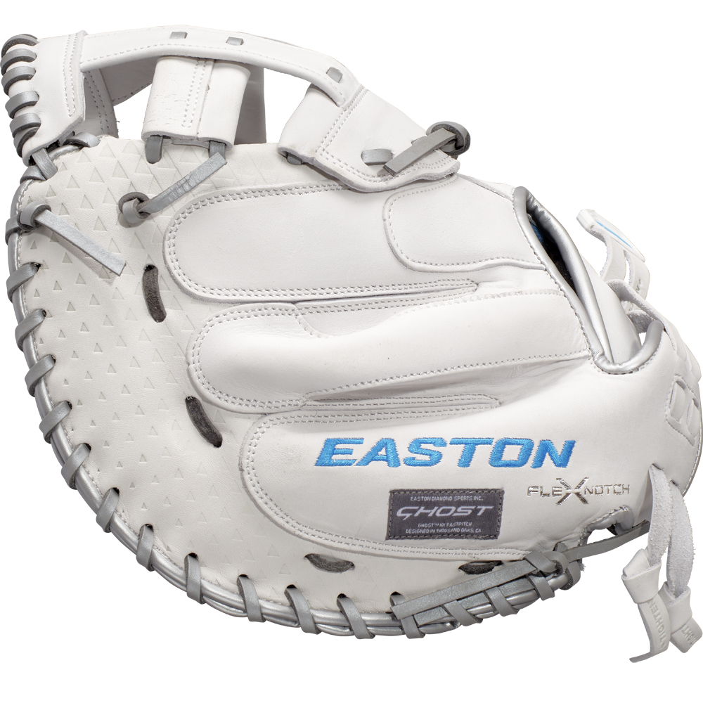 The Easton Ghost NX 34" Fastpitch Catcher's Mitt: GNXFP234 features Game Ready Diamond Pro Steer leather with gray lacing and blue-silver logos, making it an ideal choice for serious fastpitch catchers.