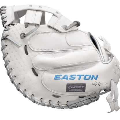 The Easton Ghost NX 34" Fastpitch Catcher's Mitt: GNXFP234 features Game Ready Diamond Pro Steer leather with gray lacing and blue-silver logos, making it an ideal choice for serious fastpitch catchers.