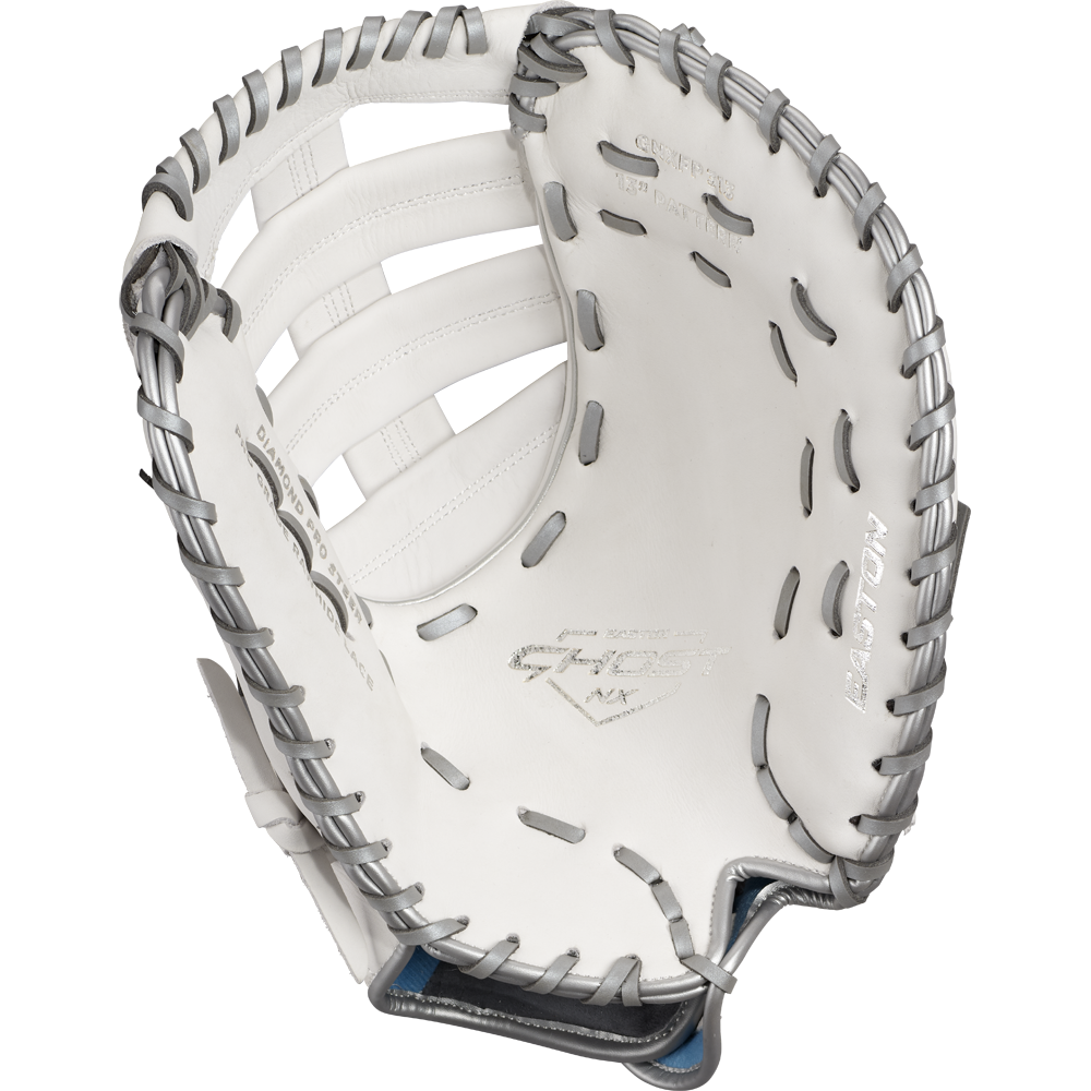 The Easton Ghost NX 13" Fastpitch First Base Mitt (GNXFP313) by Easton is shown on a white background, crafted from premium Diamond Pro Steer leather for top fastpitch glove performance.