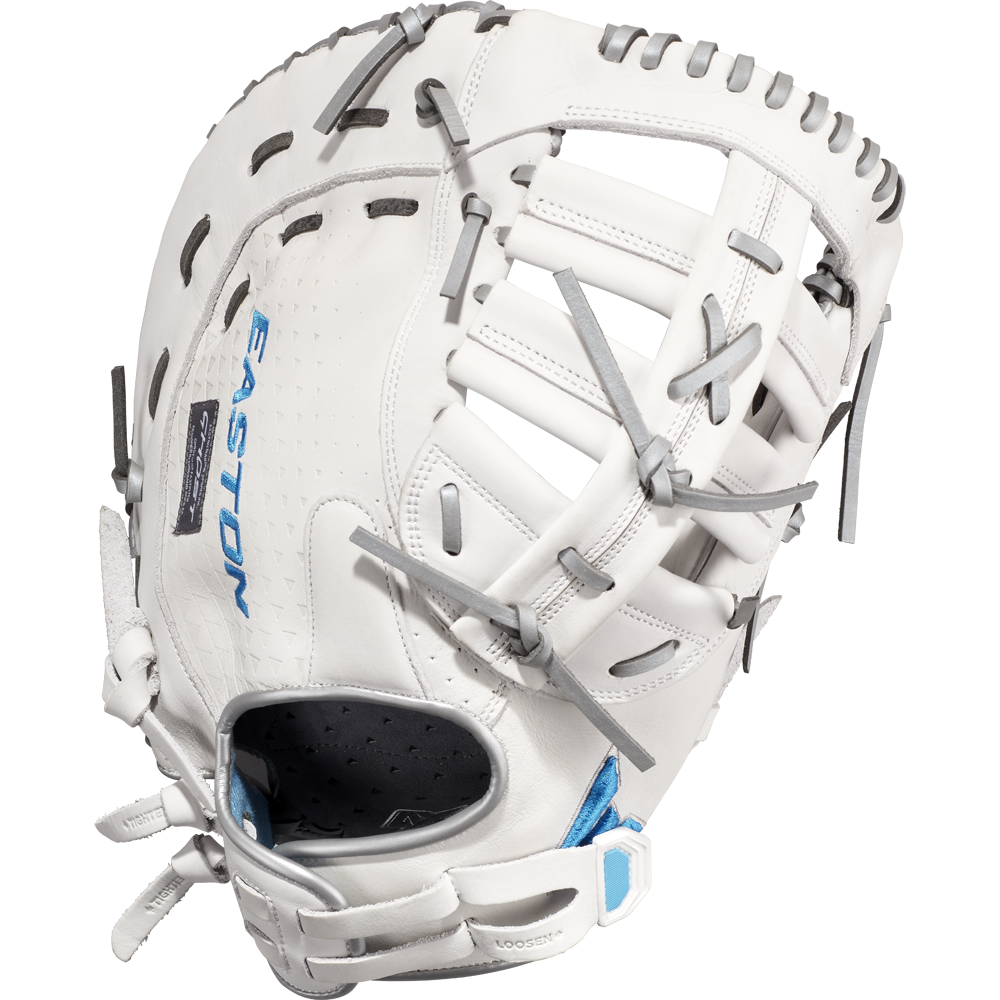 The Easton Ghost NX 13" Fastpitch First Base Mitt (GNXFP313) is a white first base glove crafted from Diamond Pro Steer leather with gray laces and EASTON on the thumb—ideal for fastpitch players.