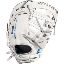 The Easton Ghost NX 13" Fastpitch First Base Mitt (GNXFP313) is a white first base glove crafted from Diamond Pro Steer leather with gray laces and EASTON on the thumb—ideal for fastpitch players.