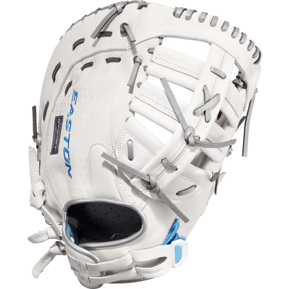 The Easton Ghost NX 13" Fastpitch First Base Mitt (GNXFP313) is a white first base glove crafted from Diamond Pro Steer leather with gray laces and EASTON on the thumb—ideal for fastpitch players.