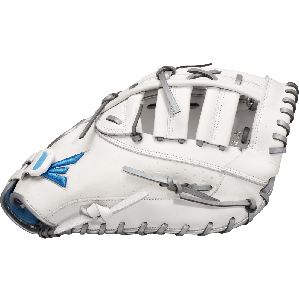 The Easton Ghost NX 13" Fastpitch First Base Mitt (GNXFP313) features white Diamond Pro Steer leather, gray lacing, and blue accents, shown against a plain white background.