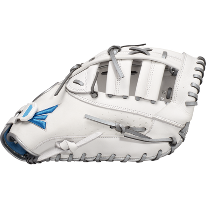 The Easton Ghost NX 13" Fastpitch First Base Mitt (GNXFP313) features white Diamond Pro Steer leather, gray lacing, and blue accents, shown against a plain white background.